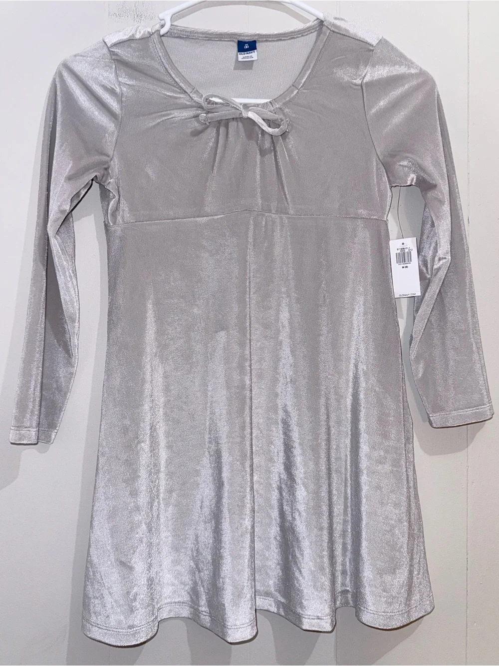 NWT Old Navy Girls Velvet Long Sleeve Tie Neck Swing Dress Silver Gray M 8